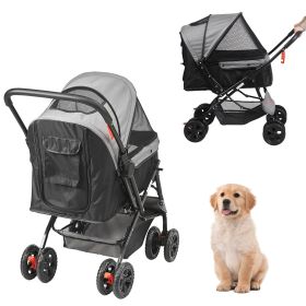 Pet Stroller, 4 Wheels Dog Stroller Rotate with Brakes, 44lbs Weight Capacity, Puppy Stroller with Reversible Handlebar, Storage Basket and Zipp